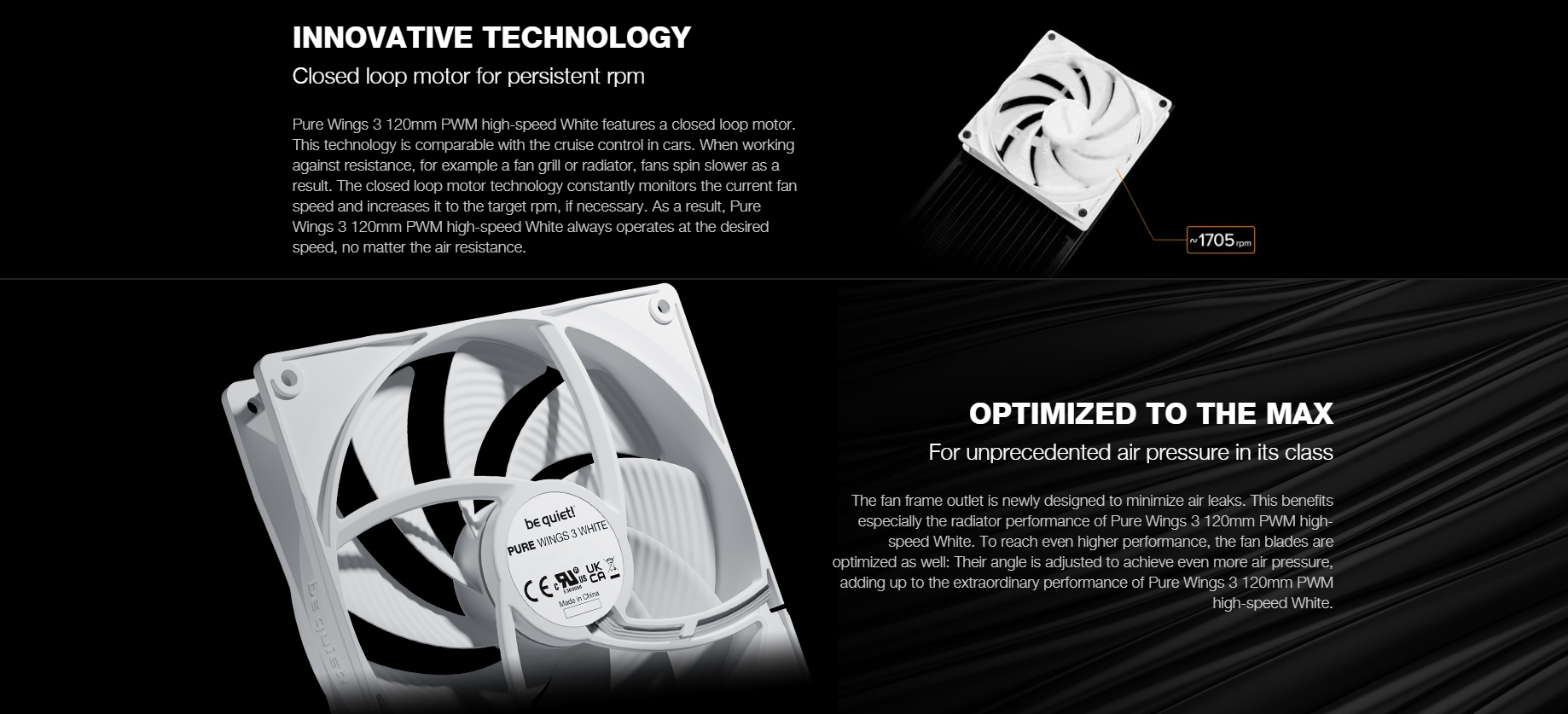 A large marketing image providing additional information about the product be quiet! PURE WINGS 3 120mm PWM High-Speed Fan - White - Additional alt info not provided